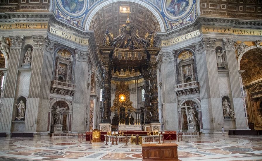 Interior of a cathedral with a grand altar, adorned with the Tomb of Saint Peter, exuding divine beauty.