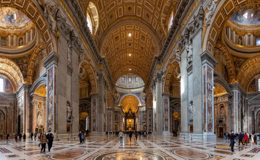 Iconic-St.-Peters-Basilica-in-Vatican-City-featuring-a-grand-dome-and-intricate-architectural-details.
